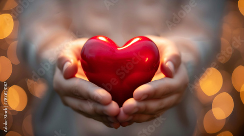 Woman Hands Gently Offering a Glossy Red Heart  Conveying Love and Compassion with a Golden Bokeh Backdrop