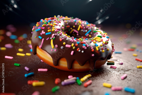 Festive donut. Sweet splash. Chocolate doughnut with glaze and colored splashes, caramel decor, sprinkled. National Donut Day or Fat Thursday. Image for menu, cafe, coffee shop, cover, showcase.