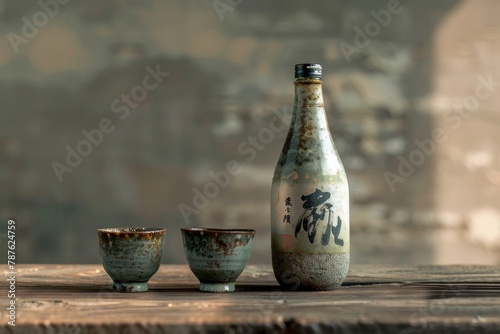 Bottle of sake and pair of cups photo