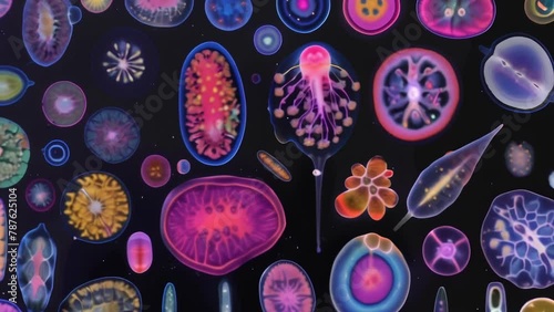 A colorful collage of euglenoids showcasing the diversity of shapes and sizes within this group of unicellular organisms. Some are . AI generation. photo