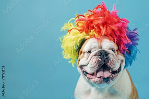 Bulldog wearing clown wig on blue background for April Fools Day Space for text
