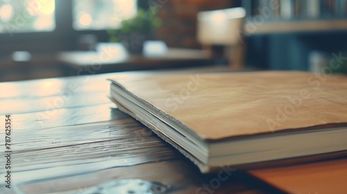 Close-up View of a Brown Notebook on a Wooden Table, Indoor Setting with Warm Lighting and Blurred Greenery Background