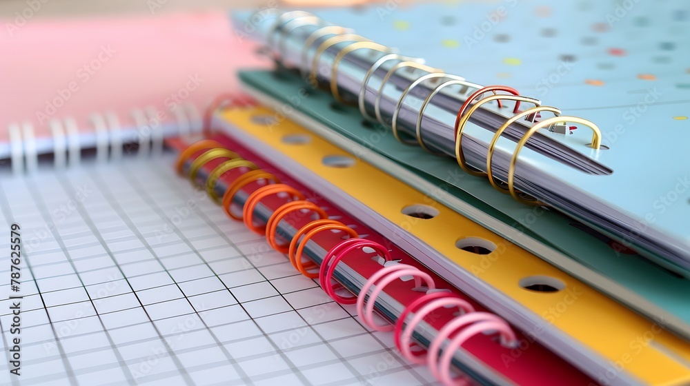 Colorful Spiral Notebooks Stacked on Graph Paper for Office or School Supplies
