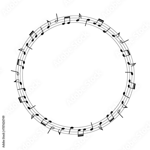 Music notes background, round musical frame, vector illustration.