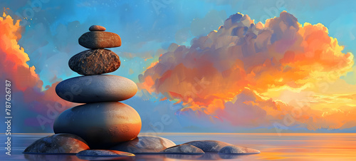 
A pile of stones on the beach at the sunset in the style of Bess  Hamite A pile of Zen rocks on a pebble beach in Sussex, with the ocean behind and an evening sky overhead. photo