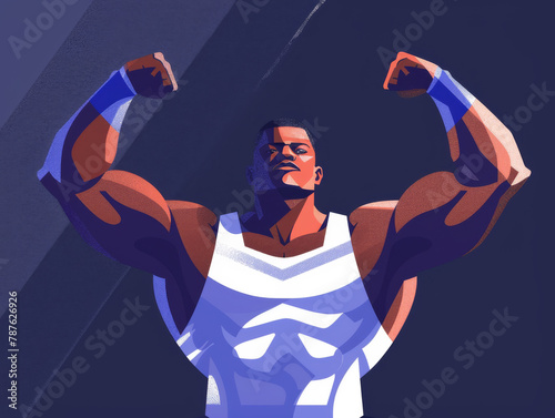 Illustration of a strong man flexing muscles with a confident expression, cast in shadow.