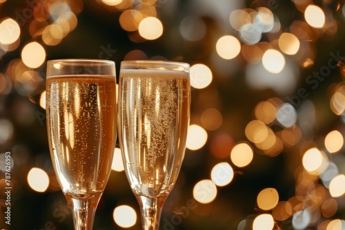 Champagne glasses by festive lights