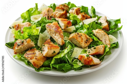 Chicken Caesar salad on white background