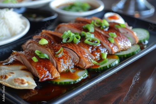 Chinese duck dish with cucumber onion hoisin in pancakes