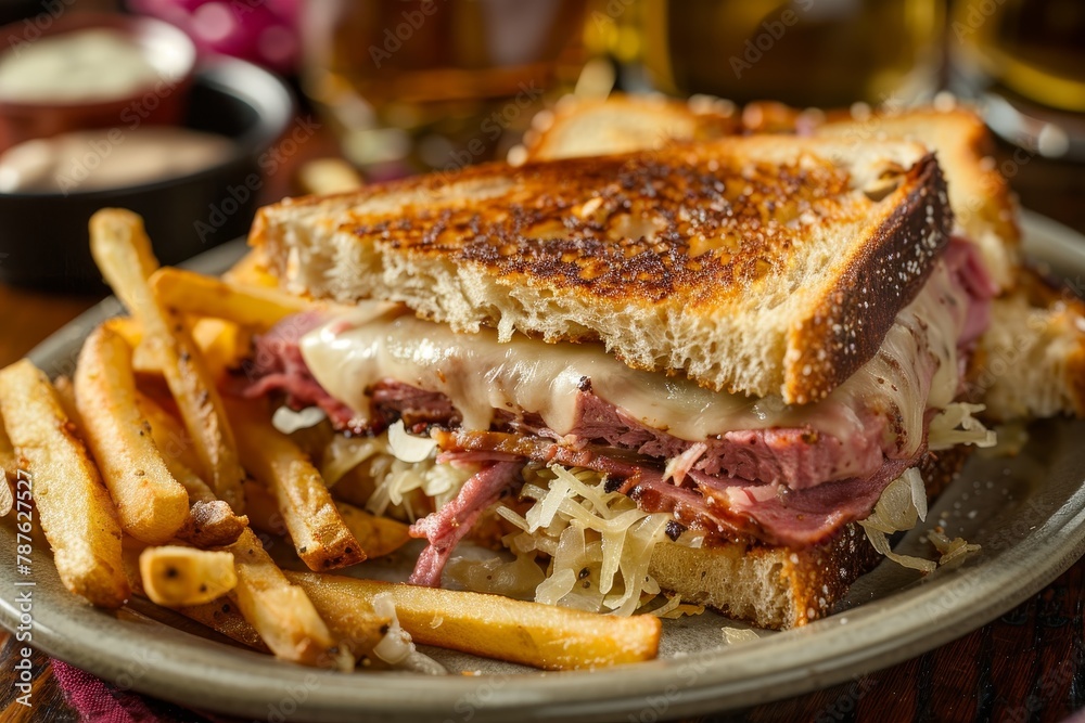 Classic American Reuben sandwich with pastrami corned beef Swiss cheese