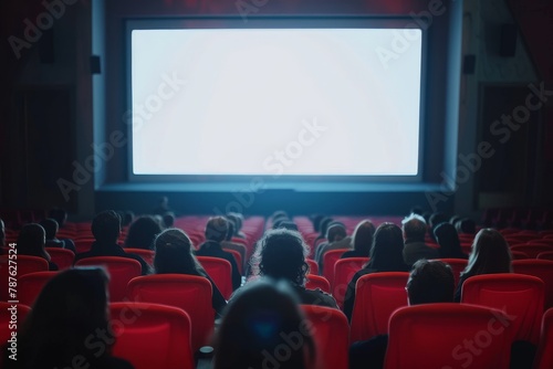 Cinema with wide screen red chairs and blurred silhouettes of people watching a movie