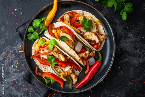 Classic chicken fajitas with Mexican influence on dark backdrop