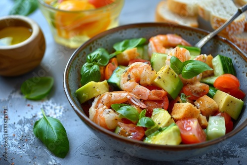 Classic Italian salad with shrimp veggies croutons and basil Enjoy with orange juice