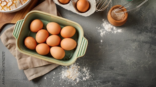Eggs from chickens in a dish with baking supplies displayed on a surface