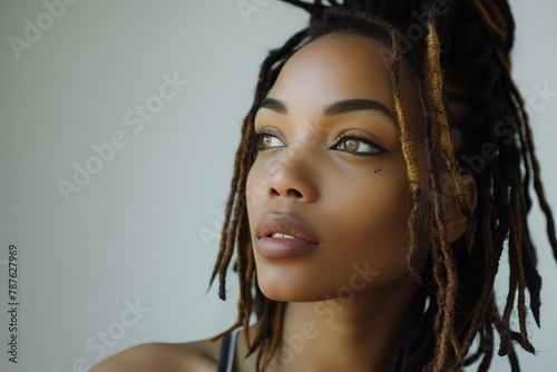 beautiful african american woman dreadlocks portrait confident stylish fashion studio photo