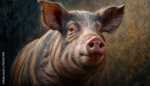 Portrait of a cute pig on a dark background. Close-up. photo