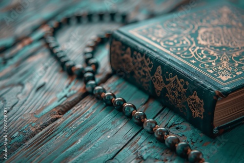 Close up of Quran on wooden background with beads