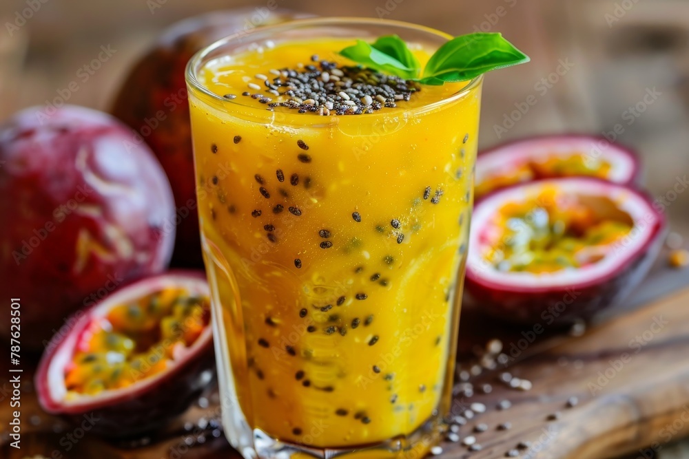 Closeup of a passion fruit milk and chia seed smoothie on a wooden table Closeup of a passion fruit milk and chia seed smoothie on a wooden table