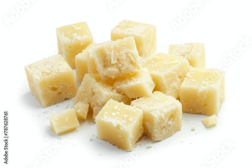 Cubed parmesan cheese on white background with clipping path View from above