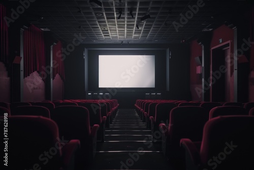 Dimly lit theatre with screen and seats