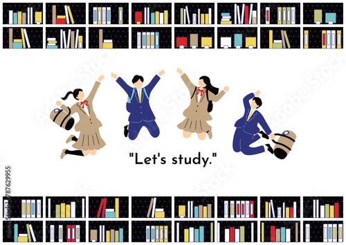 ジャンプする制服の学生達と本棚