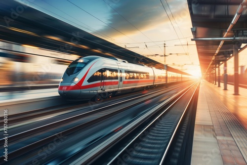 Fast train moving on European station platform during sunset with motion blur effect Industrial landscape with passenger train on railroad