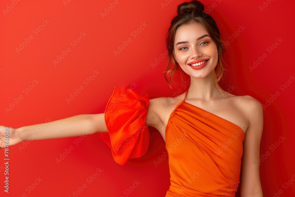 Close up photo of pretty cheerful lady stylish orange clothes arm direct empty space beauty procedure isolated on one color background - generative ai Close up photo of pretty cheerful lady stylish orange clothes arm direct empty space beauty procedure isolated on one color background - generative ai