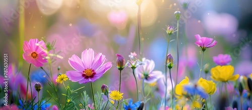A multitude of colorful wild flowers bloom in the meadow during the spring season.