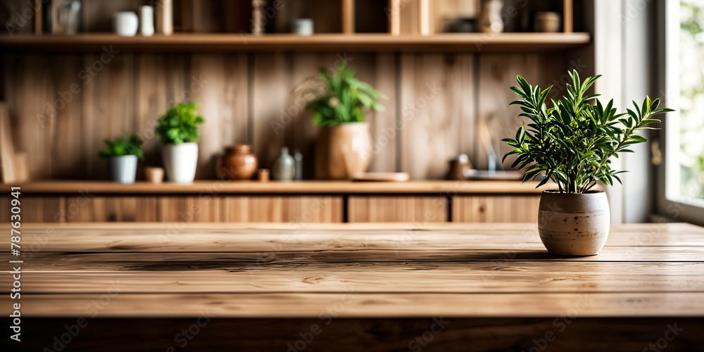 A wooden table with a potted plant on it, set against a backdrop of shelves filled with various items. A wooden table with a potted plant on it, set against a backdrop of shelves filled with various items.