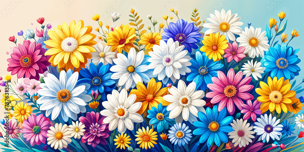 A vibrant and colorful bouquet of flowers, with each flower having its own unique color and type, creating a lively and cheerful scene. A vibrant and colorful bouquet of flowers, with each flower having its own unique color and type, creating a lively and cheerful scene.