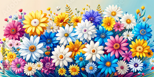 A vibrant and colorful bouquet of flowers, with each flower having its own unique color and type, creating a lively and cheerful scene.