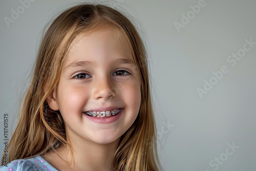 cheerful little girl with braces adorable smile dental health happiness studio portrait photo