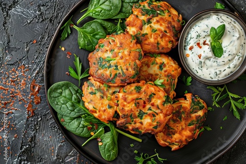 cheesy spinach chicken fritters with sour cream sauce delicious appetizer snack top view photo