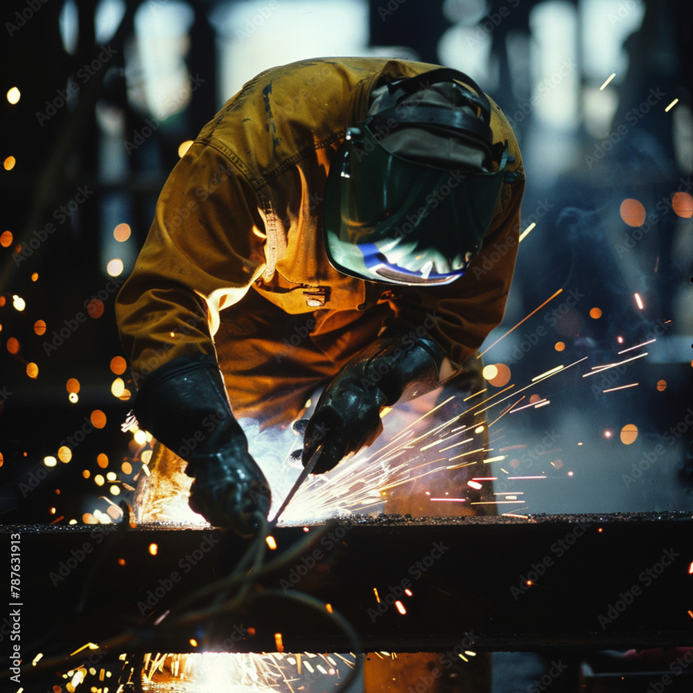 Worker welding in a factory with sparks Worker welding in a factory with sparks