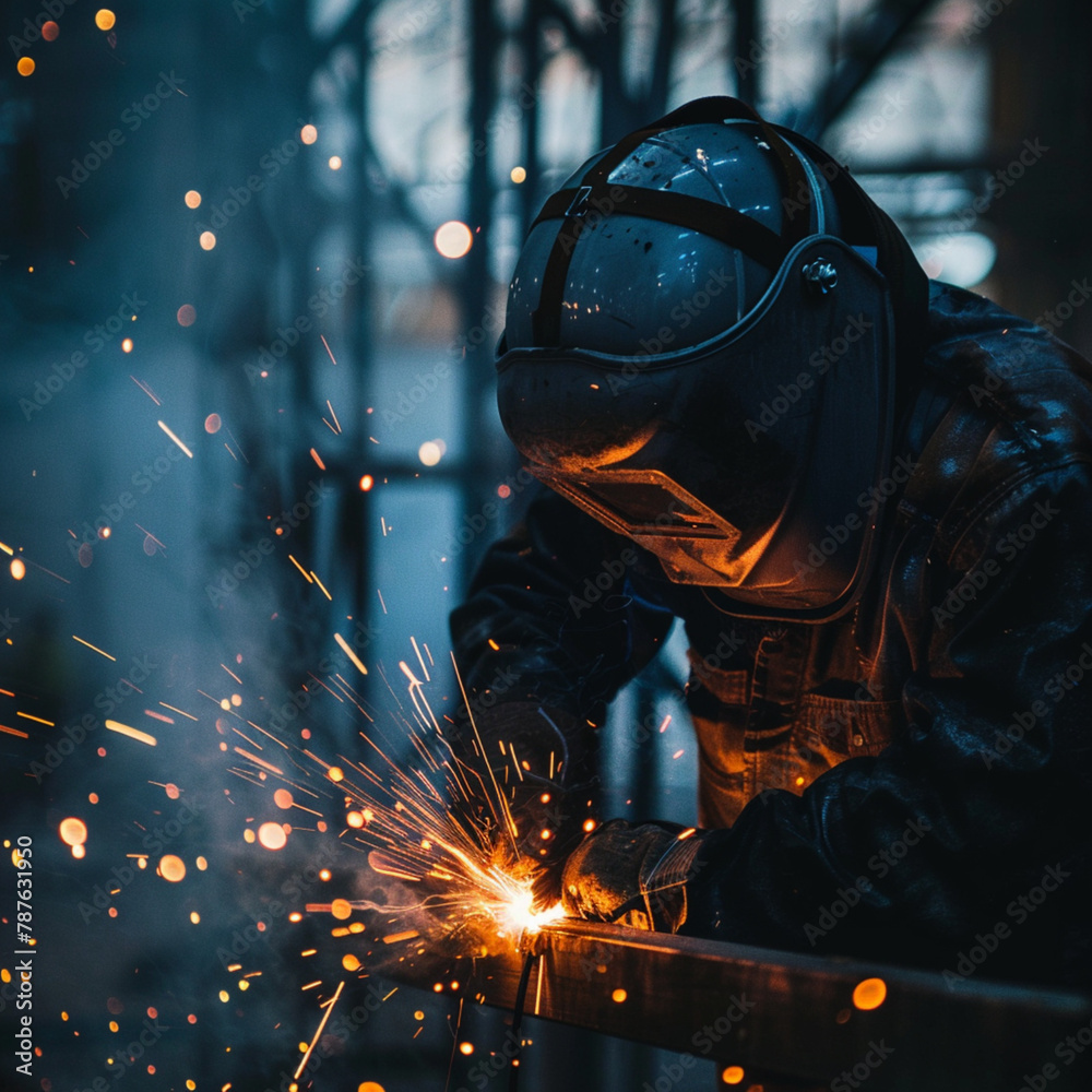 Worker welding in a factory with sparks Worker welding in a factory with sparks