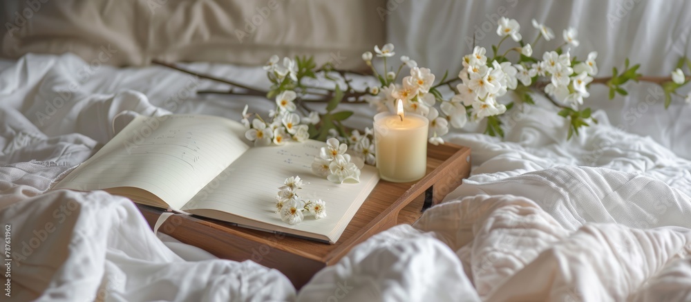 A wooden tray holds a paper sketchbook, candle, and spring flowers on pristine white bedding, symbolizing the concept of a good morning. A wooden tray holds a paper sketchbook, candle, and spring flowers on pristine white bedding, symbolizing the concept of a good morning.