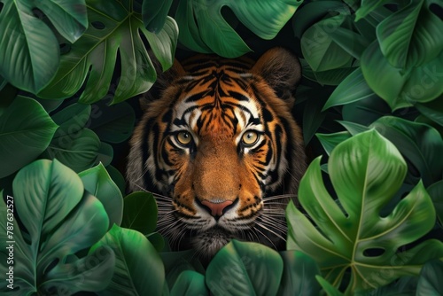 Tiger looks through dense green foliage.