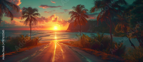Road to the beach with palm trees by the sides. Paradise. Vacation and Tourism concept. photo