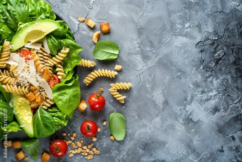 Fusilli pasta salad with avocado tomato lettuce parmesan and croutons on stone background