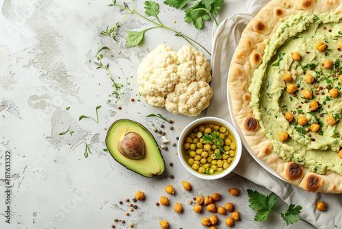 Gluten free flatbread roasted chickpeas cauliflower and avocado dip on a light background top view Vegetarian and healthy concept Flat lay