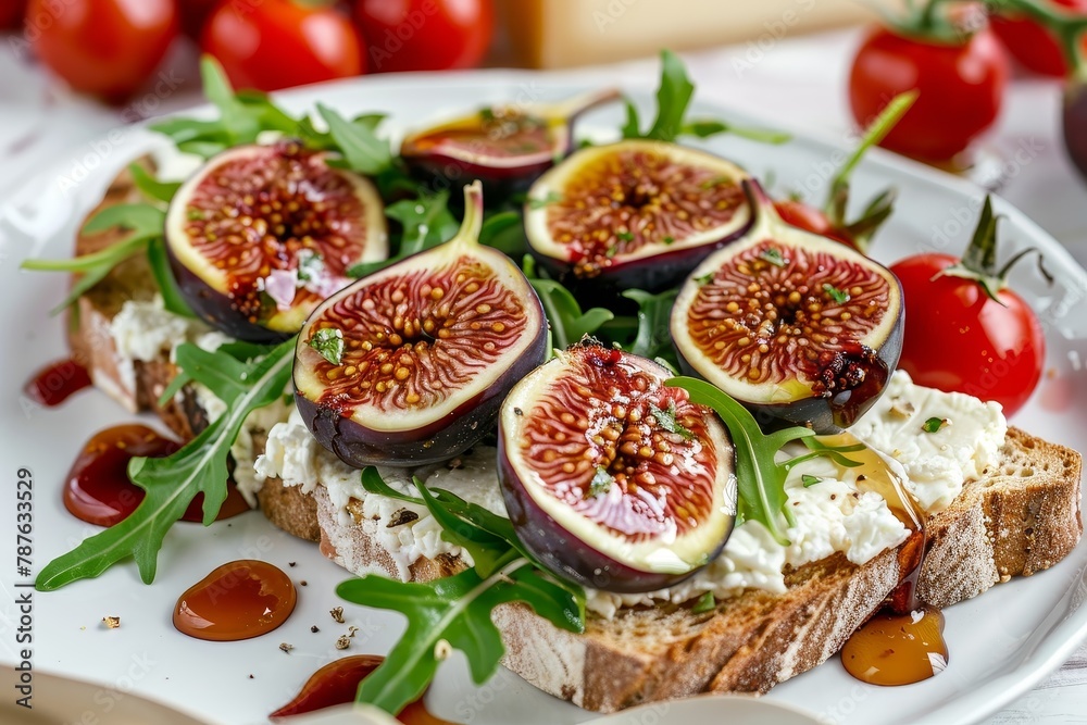 Goat cheese toast with arugula salad beets figs balsamic vinegar honey on white plate with cherry tomatoes and parmesan