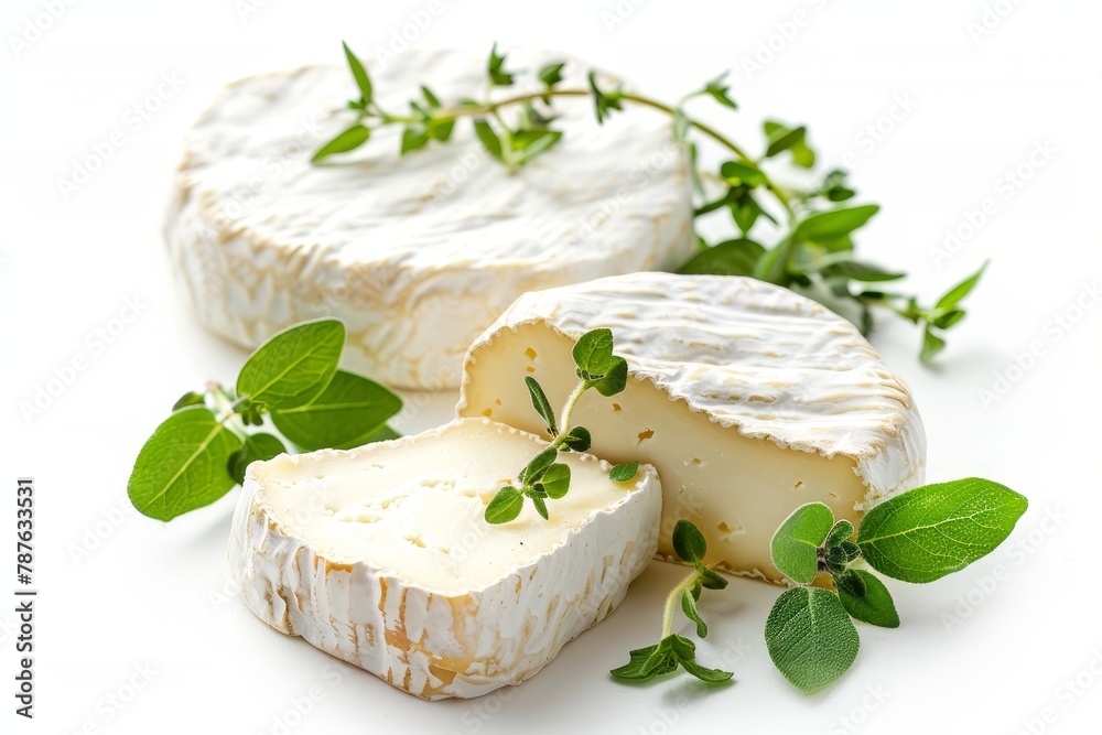 Goat cheese slices with fresh marjoram on white background Culinary delight Goat cheese slices with fresh marjoram on white background Culinary delight