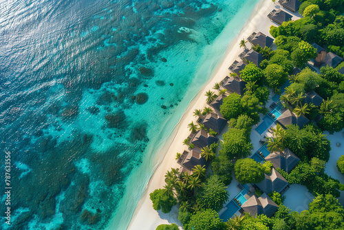 Aerial view of island with bungalows in tropical ocean.