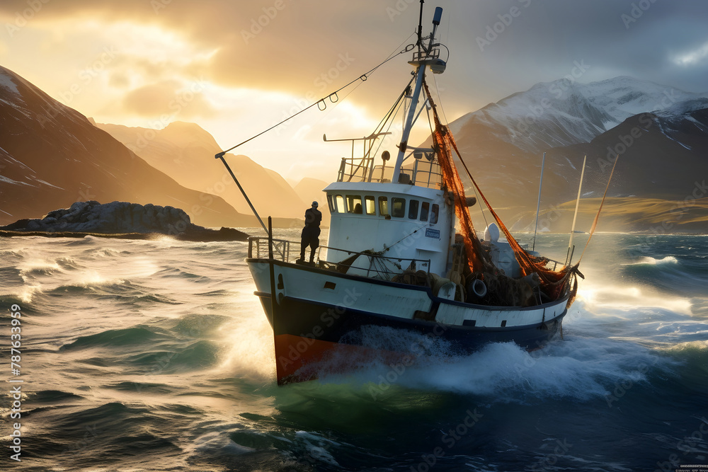 Obraz premium Lone fisherman braving turbulent seas at dusk near rocky coastline