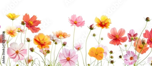 Cosmos flowers in shades of orange, pink, and yellow are in full bloom against a white backdrop.
