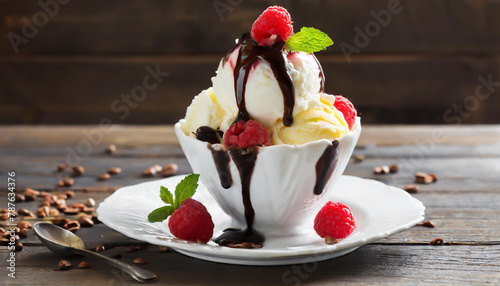 Ice cream dessert in a cup on a wood table