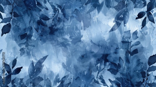 Indigo Watercolor Pattern for Wallpaper with Foliage Design and Acrylic Stroke in Blue Hues REGISTRY2 Blurry Dirty Art Style with Faint Gray Ikat Detail photo