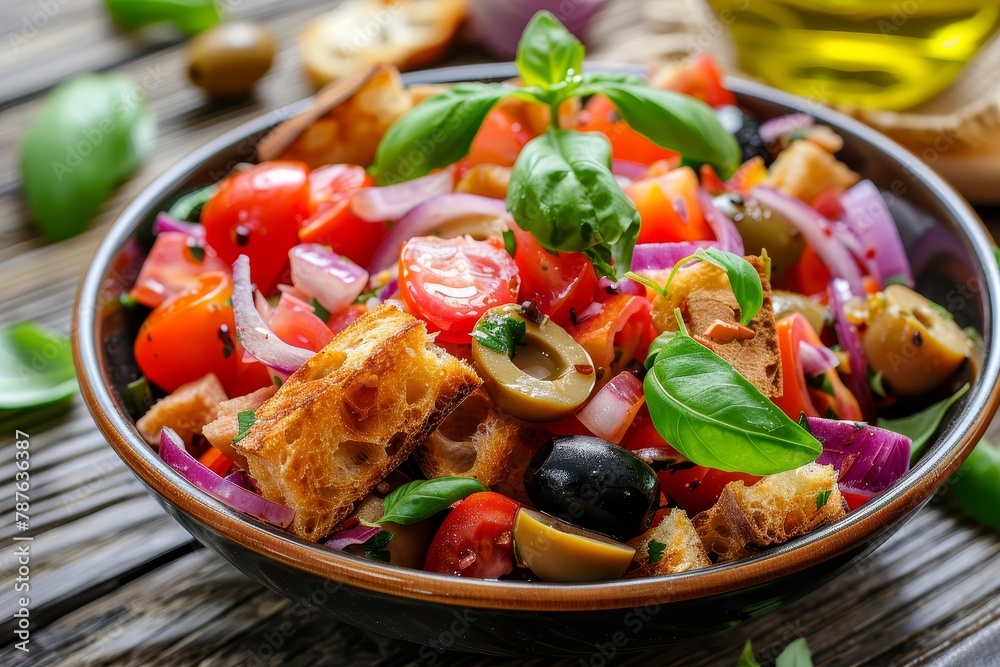 Italian panzanella salad with ciabatta tomatoes olives onion and basil on wood Italian panzanella salad with ciabatta tomatoes olives onion and basil on wood