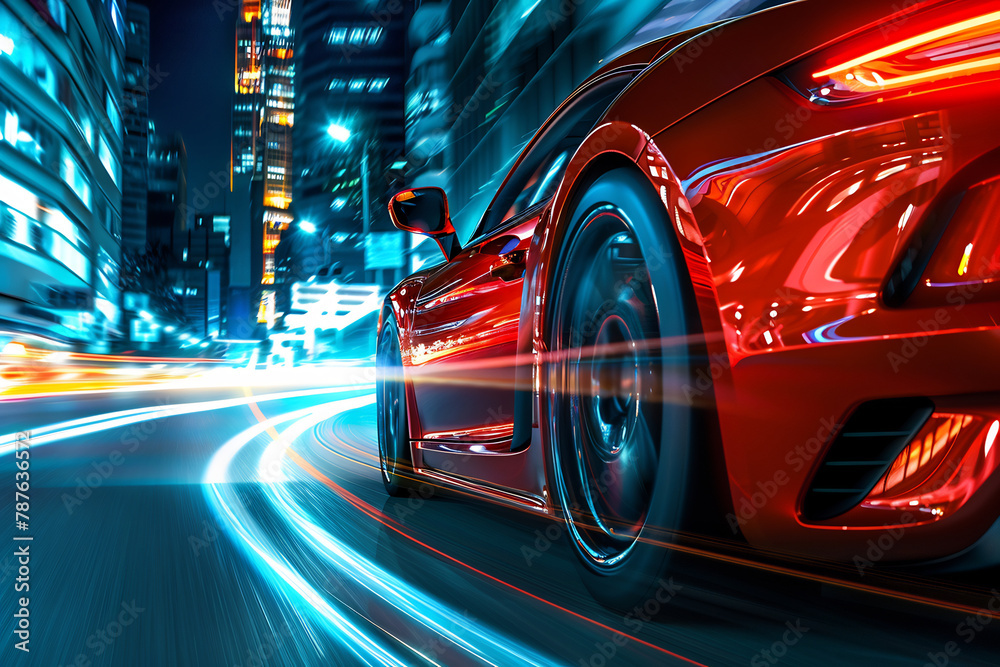 Speeding Red Sports Car on a Vibrant City Street at Night, Capturing Motion and Urban Excitement Speeding Red Sports Car on a Vibrant City Street at Night, Capturing Motion and Urban Excitement