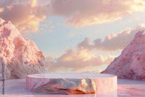 Stone podium tabletop floor in outdoor on sky pink gold pastel soft cloud blurred background.Beauty cosmetic product placement pedestal present promotion stand display - generative ai